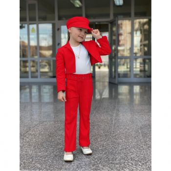 Compleu Rosu, Elegant, 5 Piese, Sacou, Maiou, Pantaloni, Curea si Sepcuta, Pentru Fetite, 3-12 ani Compleu Rosu, Elegant, 5 Piese, Sacou, Maiou, Pantaloni, Curea si Sepcuta, Pentru Fetite, 3-12 ani