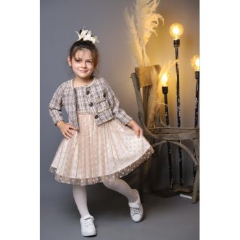 Rochita Crem, cu Sacou in Carouri, Pentru Fetite, 1-4 ani Rochita Crem, cu Sacou in Carouri, Pentru Fetite, 1-4 ani