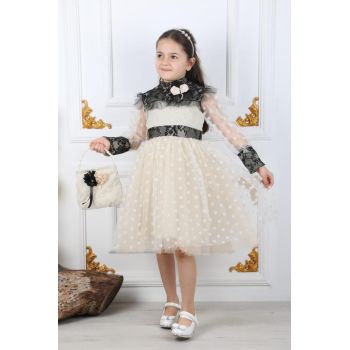 Rochita Crem, Eleganta, cu Bulinute si Dantela, Pentru Fetite, 4-12 ani Rochita Crem, Eleganta, cu Bulinute si Dantela, Pentru Fetite, 4-12 ani