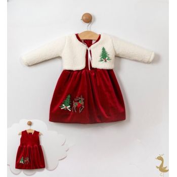Rochita Rosie, din Catifea, cu Bolero Pufos, Pentru Fetite Rochita Rosie, din Catifea, cu Bolero Pufos, Pentru Fetite