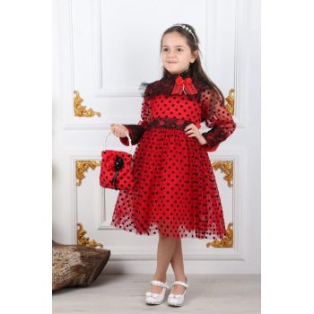 Rochita Rosu, Eleganta, cu Bulinute si Dantela, Pentru Fetite, 4-12 ani Rochita Rosu, Eleganta, cu Bulinute si Dantela, Pentru Fetite, 4-12 ani