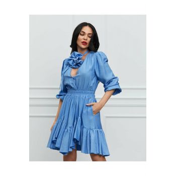 Rochie de Dama, din Testura Tip in, cu Buzunare, Maneci Lungi si Accesoriu Floare Detasabil, Magical, Bleu