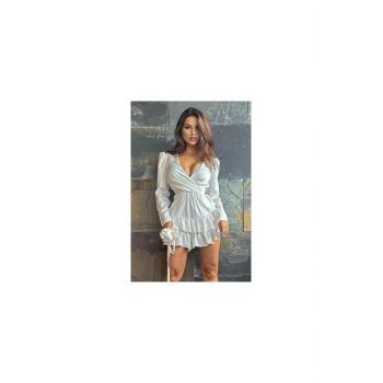 Rochie Eleganta din Satin, Petrecuta pe Bust si Accesoriu Floare Detasabil, Snow White, Alba