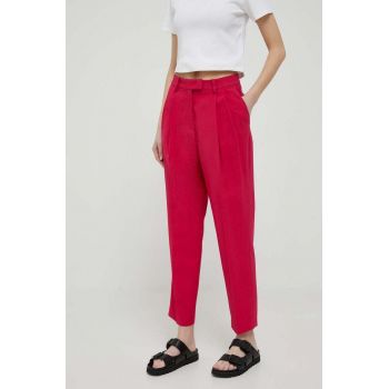 Sisley pantaloni femei, culoarea roz, fason tigareta, high waist