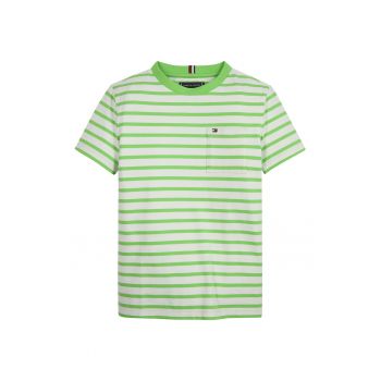 Tricou din amestec de bumbac organic cu model in dungi si buzunar pe piept