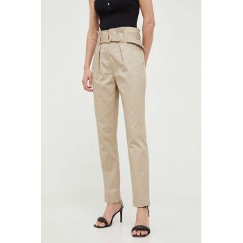 Morgan pantaloni de bumbac culoarea bej, drept, high waist