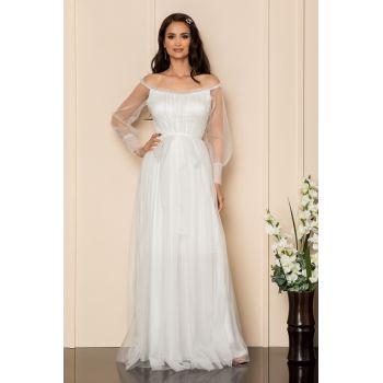 Rochie de ocazie din tull cu decolteu pe umeri Temptation Alba