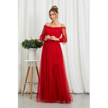 Rochie de ocazie din tull cu decolteu pe umeri Temptation Rosie
