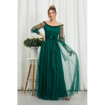 Rochie de ocazie din tull cu decolteu pe umeri Temptation Verde ieftina la reducere