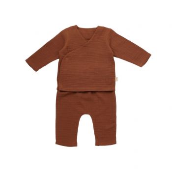 Set bluzita petrecuta si pantaloni lungi din muselina, BabyCosy, 100% bumbac organic, Caramiziu ieftin