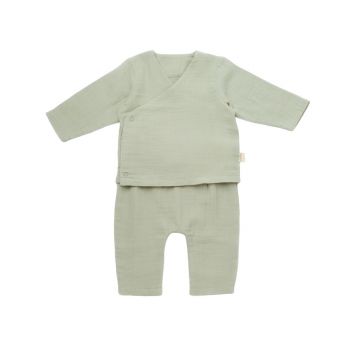 Set bluzita petrecuta si pantaloni lungi din muselina, BabyCosy, 100% bumbac organic, Verde la reducere