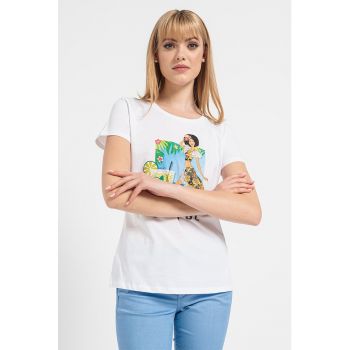 Tricou cu imprimeu grafic si strasuri
