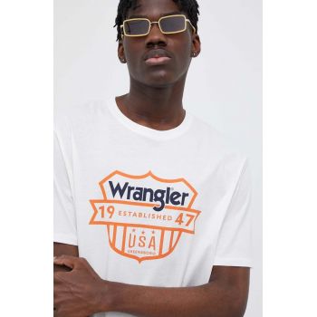 Wrangler tricou din bumbac culoarea alb, cu imprimeu