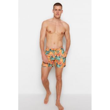 Pantaloni scurti de baie cu talie medie si model tropical