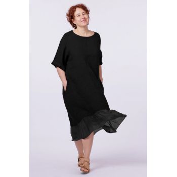 Rochie din in neagra, cu volan din matase la poale