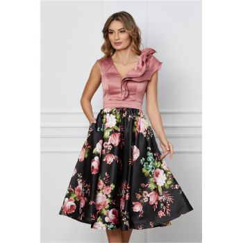 Rochie MBG cu bust roz si fusta neagra cu flori