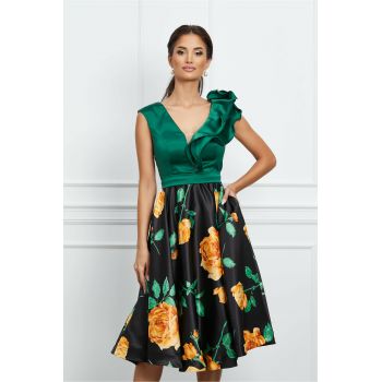 Rochie MBG cu bust verde si fusta neagra cu flori
