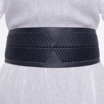 Centura neagra din material elastic si piele ecologica cu decoratiune din acealasi material