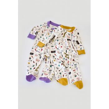 Set 2 salopetele cu maneca lunga si pantaloni cu botosei si fermoar - 100%bumbac organic - Galben si Mov, BabyCosy ieftina