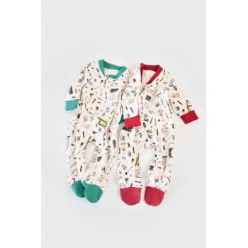 Set 2 salopetele cu maneca lunga si pantaloni cu botosei si fermoar - 100%bumbac organic - Rosu si verde, BabyCosy de firma originala