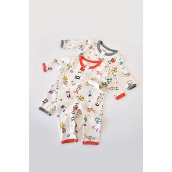 Set 2 salopetele cu maneca lunga si pantaloni lungi - 100%bumbac organic - Rosu si Gri, BabyCosy