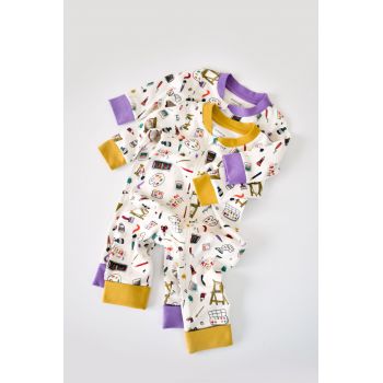 Set 2 salopetele cu maneca lunga si pantaloni lungi cu fermoar - 100%bumbac organic - Galben si Mov, BabyCosy la reducere