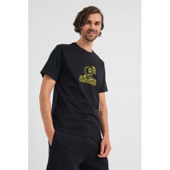 Tricou de bumbac cu decolteu la baza gatului si imprimeu logo