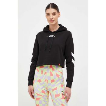 Hummel hanorac de bumbac femei, culoarea negru, cu glugă, cu imprimeu