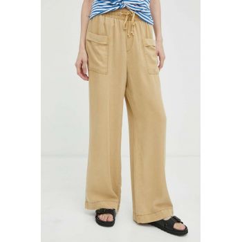 Mustang pantaloni Style Drawstring Wide Leg femei, culoarea bej, drept, high waist