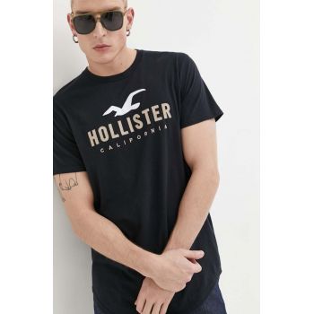 Hollister Co. tricou din bumbac culoarea negru, cu imprimeu