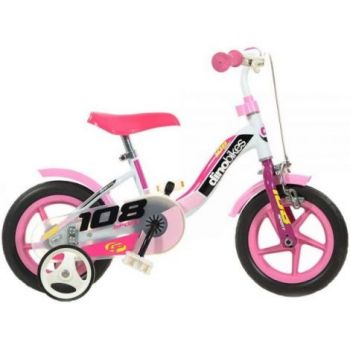 Bicicleta copii 10inch, pentru copii peste 3 ani, 108 sport alb si roz cu frana 108FL-0509-WP Dino Bikes la reducere