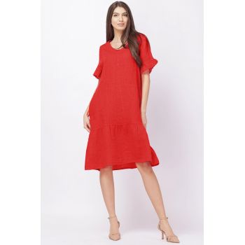 Rochie de vara midi din in, rosie