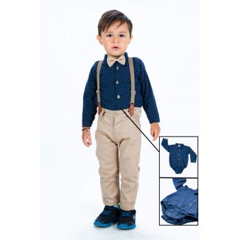 Compleu Elegant, Bleumarin, 4 Piese, Body, Pantaloni, Papion si Bretele, Pentru Baietei, 6-24 luni