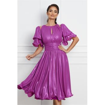 Rochie Dy Fashion magenta metalizat cu volane pe maneci la reducere