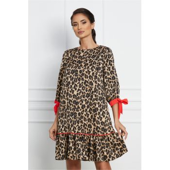 Rochie LaDonna cu animal print bej cu mansete corai