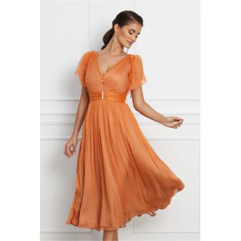 Rochie Leonard Collection orange din matase cu strasuri in talie