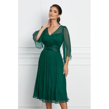 Rochie Leornard Collection verde inchis din matase cu paiete in talie