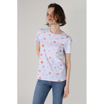 Tricou cu imprimeu floral si dungi