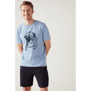 Bluza de pijama de bumbac cu maneci scurte si imprimeu grafic