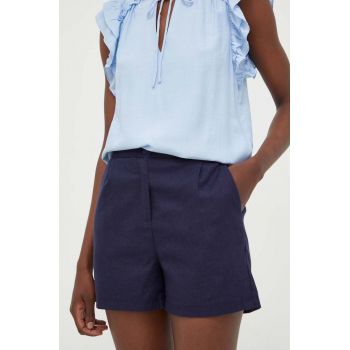 Answear Lab pantaloni scurti din in culoarea albastru marin, neted, high waist ieftini