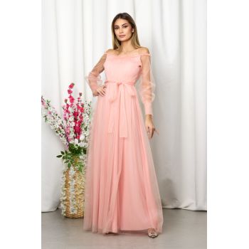 Rochie de ocazie din tull cu decolteu pe umeri Temptation Peach