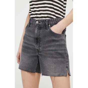 Superdry pantaloni scurti jeans femei, culoarea gri, neted, high waist