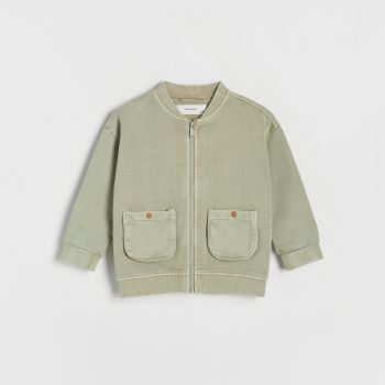 Reserved - Bluză sport bomber oversized, cu efect prespălat - Verde