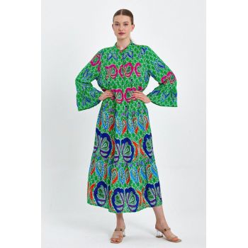 Rochie cu imprimeu boho pe fond verde, din vascoza de firma originala