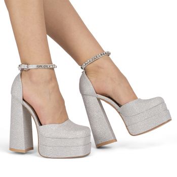 Pantofi dama cu platforma si toc inalt Argintii Anastasia Shine Marimea 38 ieftini