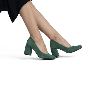 Pantofi dama cu toc patrat din piele ecologica intoarsa Verzi Kalista Marimea 39