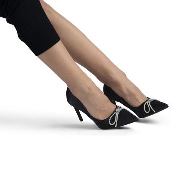 Pantofi dama cu toc subtire din material satinat cu funda decorativa Negri Ozana Marimea 39 ieftini