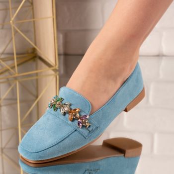 Pantofi casual din piele ecologica intoarsa cu accesorii de cristal colorate Albastri Zonta Marimea 38