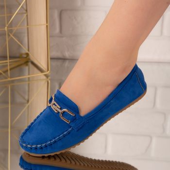 Pantofi dama casual din piele ecologica intoarsa cu accesoriu Albastri Carolina Marimea 40 ieftini