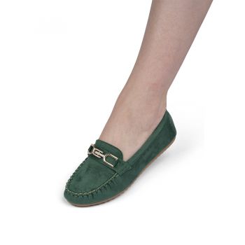 Pantofi dama casual din piele ecologica intoarsa cu accesoriu Verzi Carolina Marimea 36 ieftini